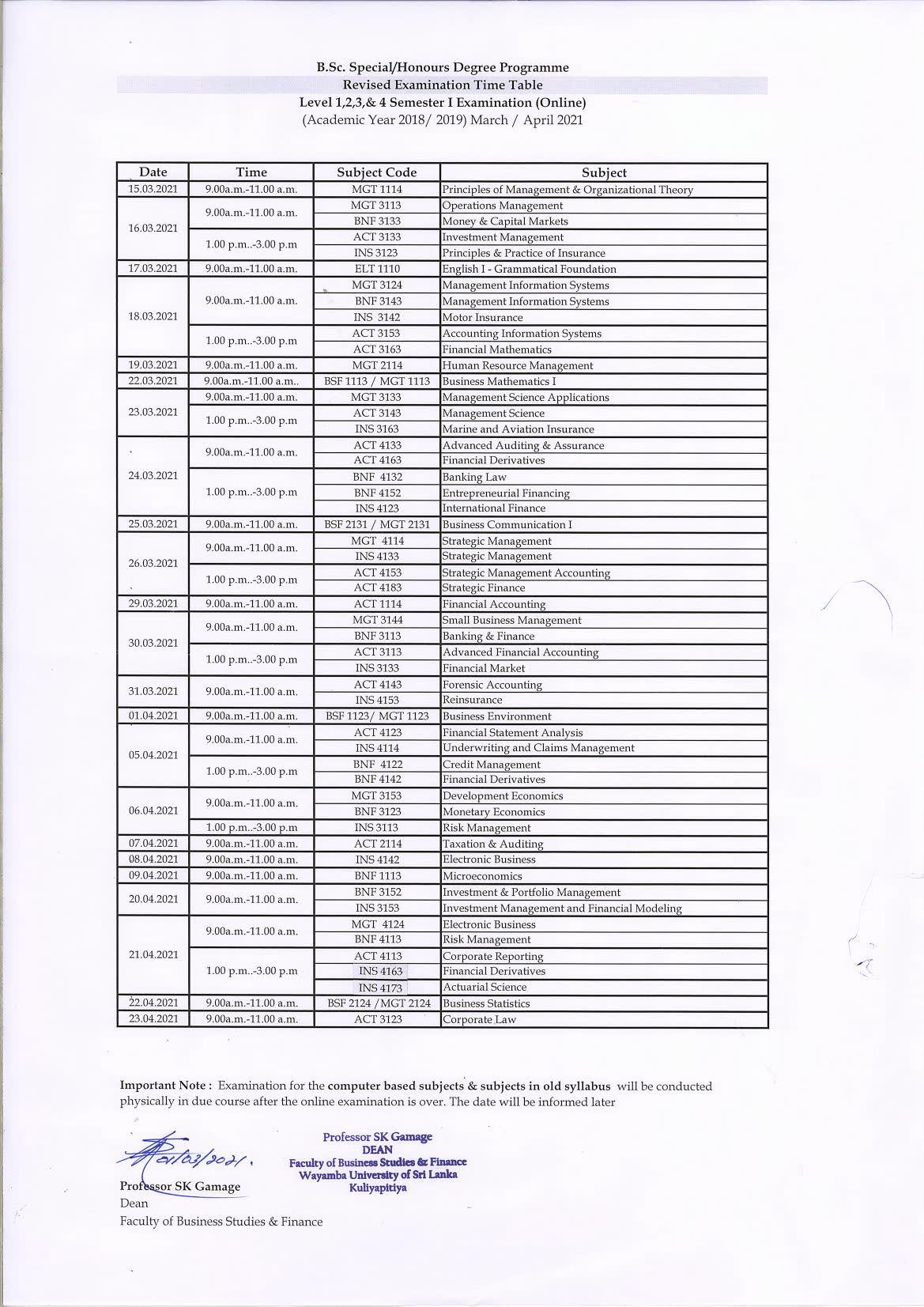 revised-time-table-faculty-of-business-studies-and-finance